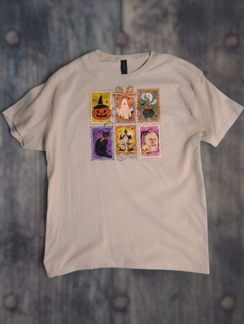 Retro Halloween Postage Stamp Graphic Tee - Beige Tan Muted Unisex XL
